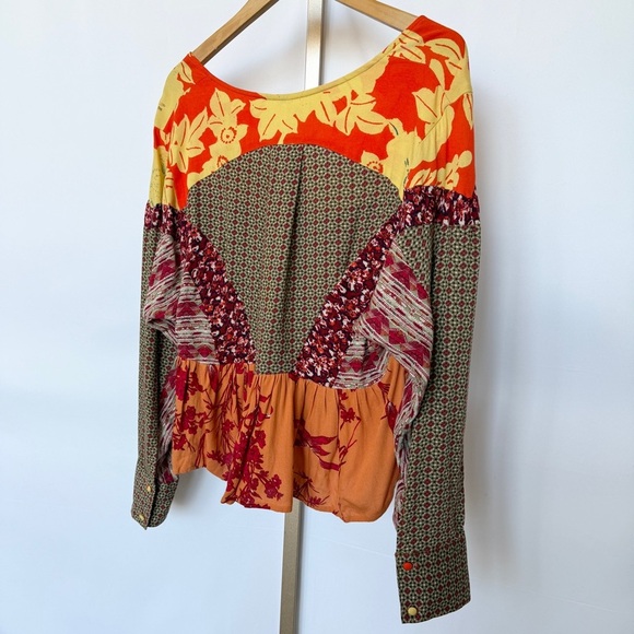 Free People Women's Floral Patchwork Boho Blouse V-Neck Long Sleeve S Flowy - Picture 8 of 11
